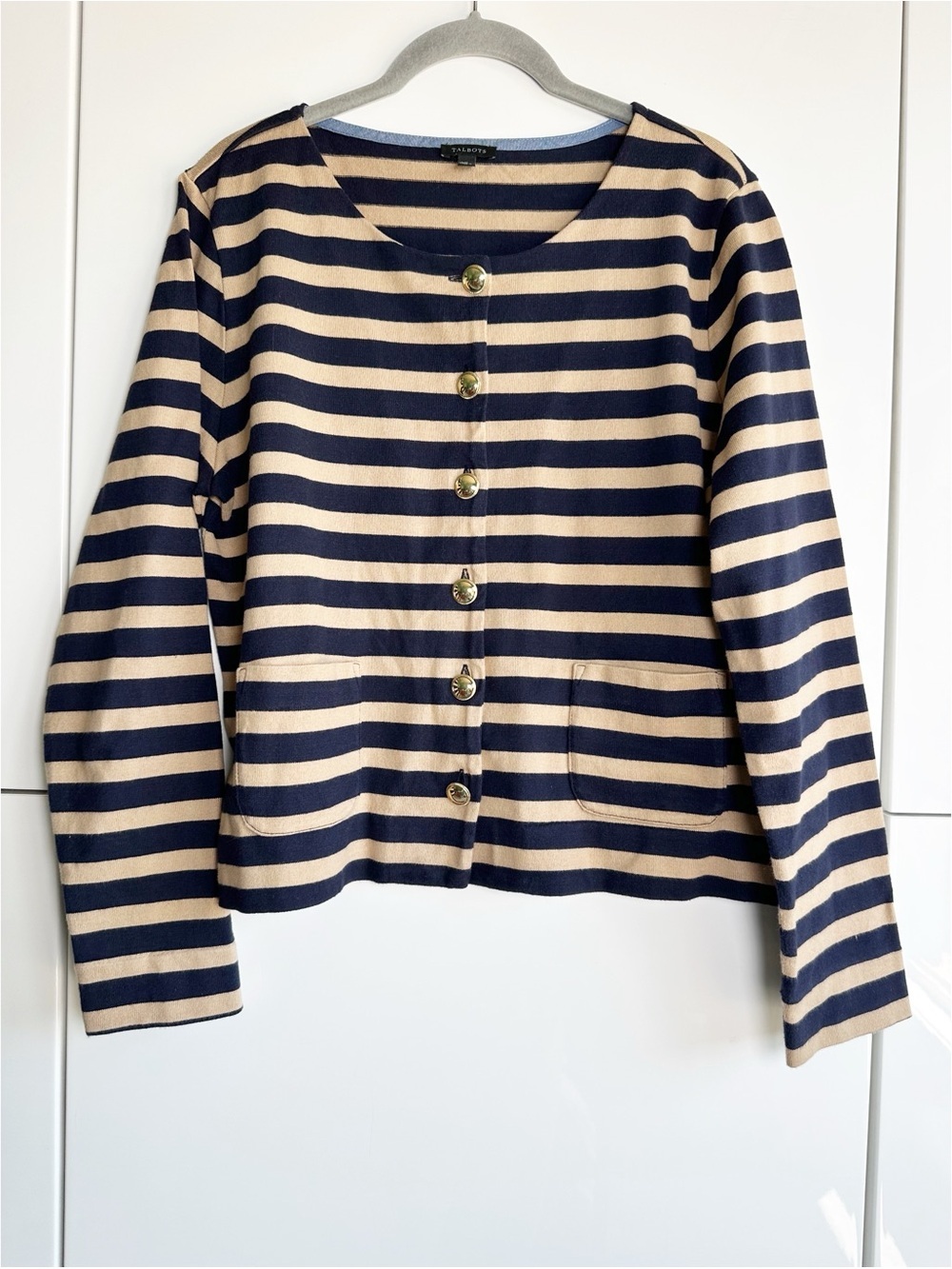 Talbots Cardigan Jacket Navy Tan Stripe Gold Buttons Sophisticated Classic  Prep